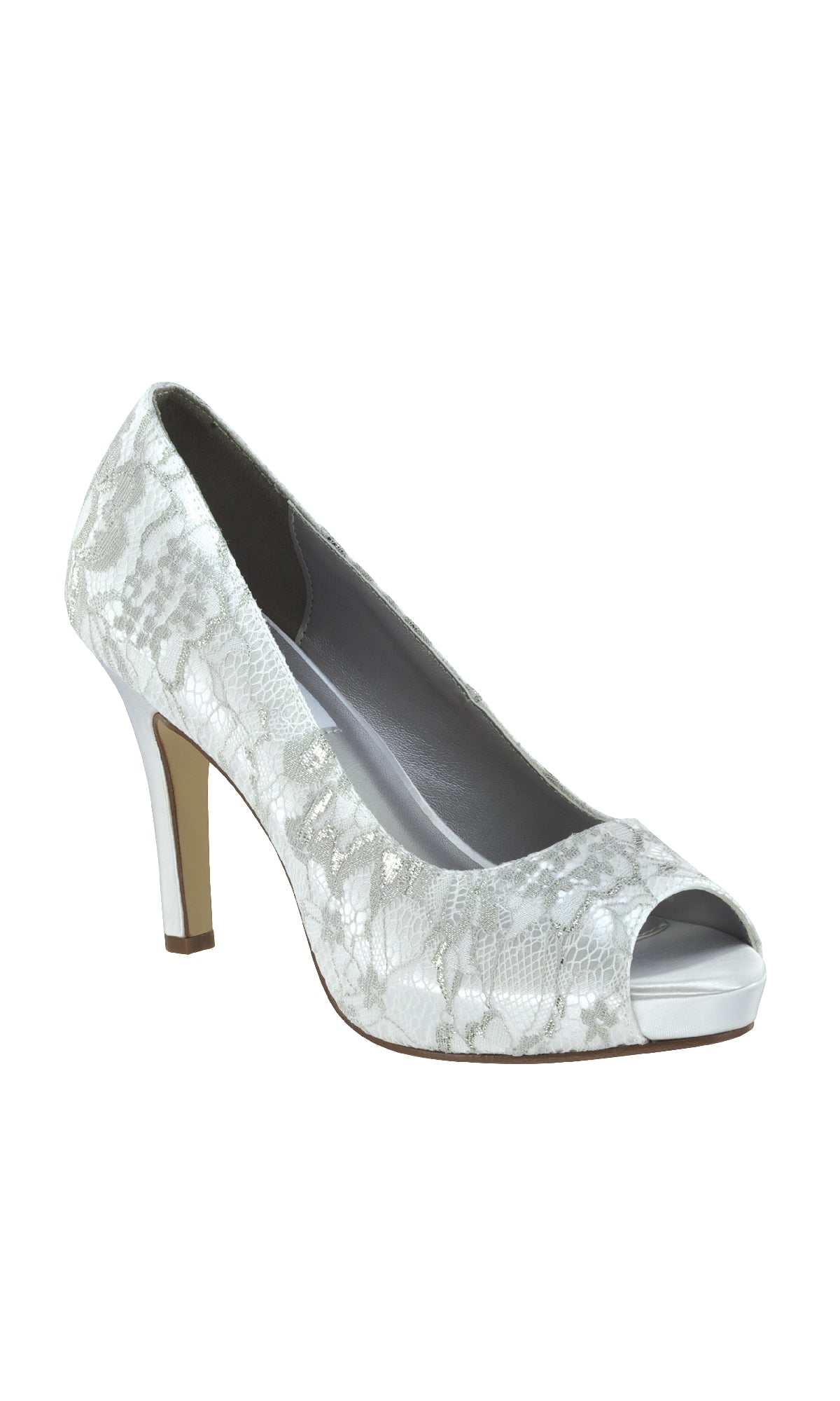 The Winter White Lace and Satin Prom Shoes: Dyeables 32914 feature white lace satin, an open toe, slim heel, and closed back—perfect elegant prom shoes—shown against a plain white background.